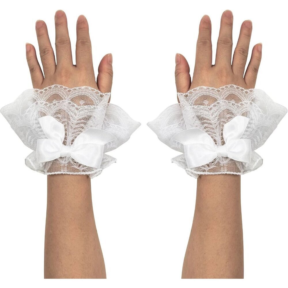 Women's Short Lace Cuffs White Bow Hand Sleeves Gloves Halloween Accessories